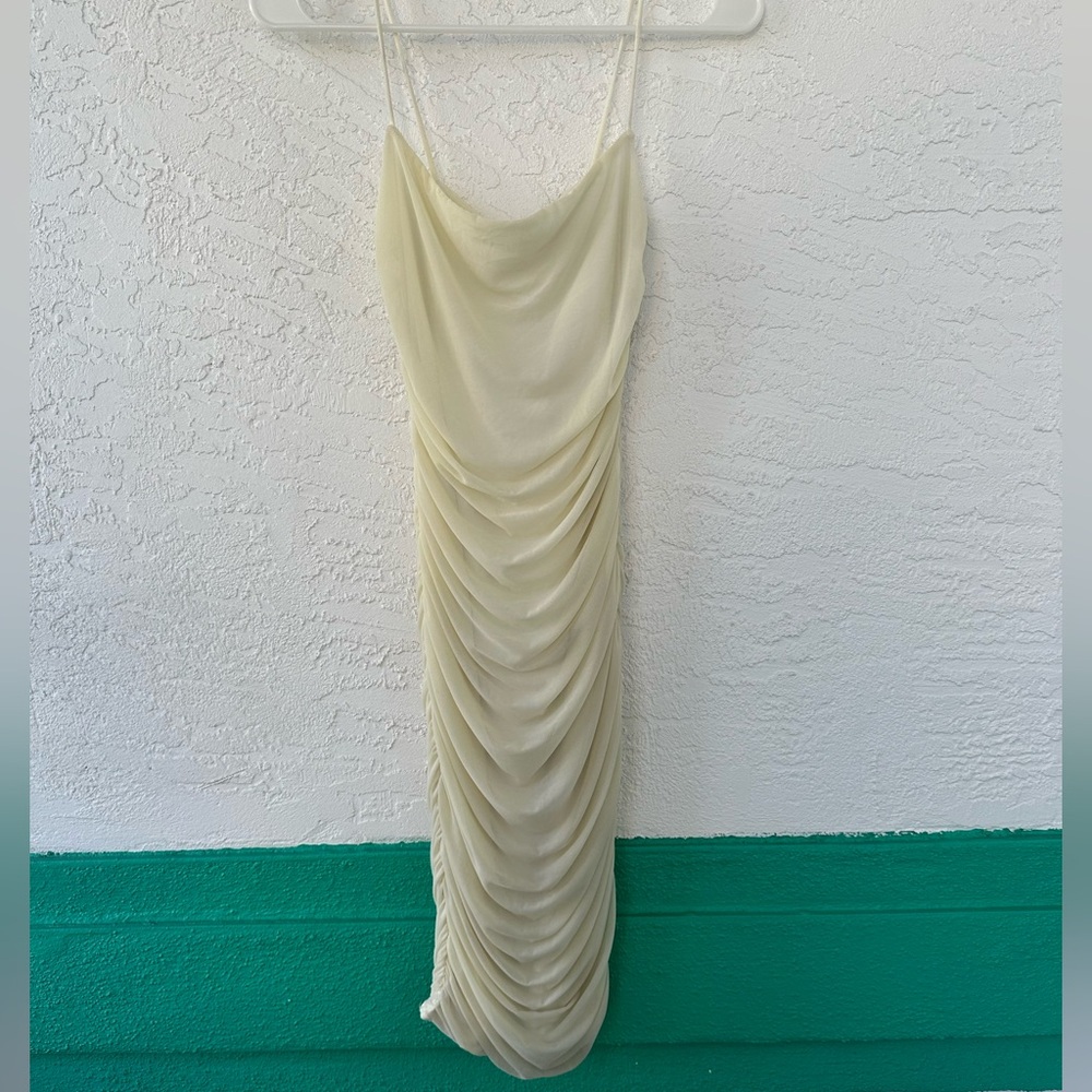 Oh Polly Midi Cocktail White Cream Ruched Bodycon Dress Size 6 NWT